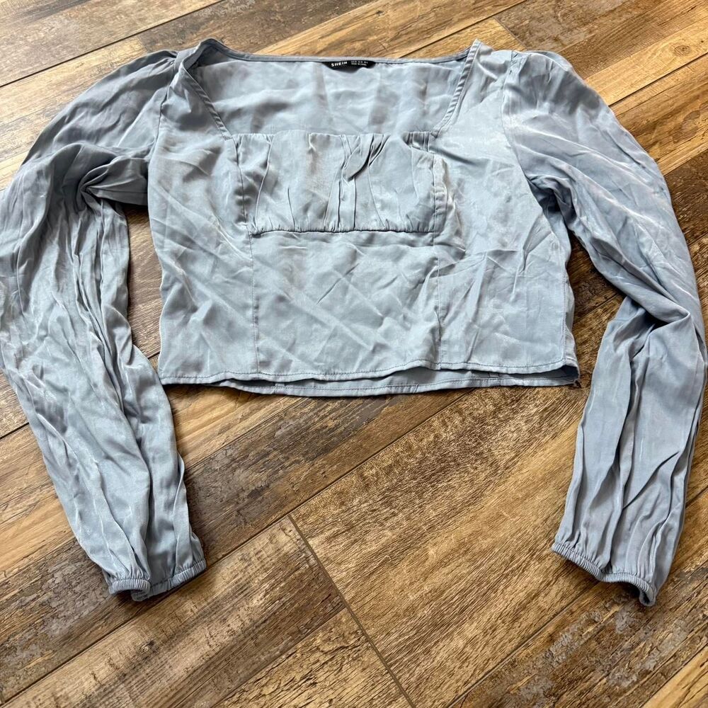 SHEIN Satin Blue Grey Long Sleeve Work Dressy Women's Medium Crop Top Blouse